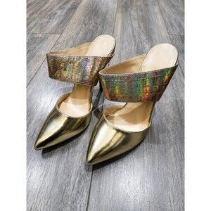 Womens Gold Pointed Toe Mule Heels Holographic Strap Size 6.5 Slides